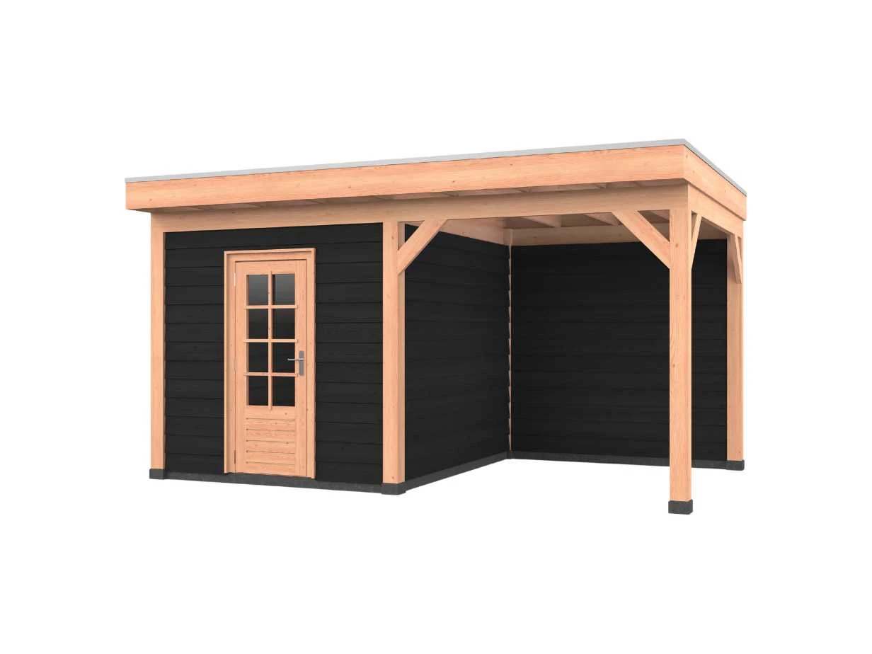 Douglas overkapping, 500 x 300, met zwarte schuur en achterwand, Westwood Comfort Green - Afbeelding 1